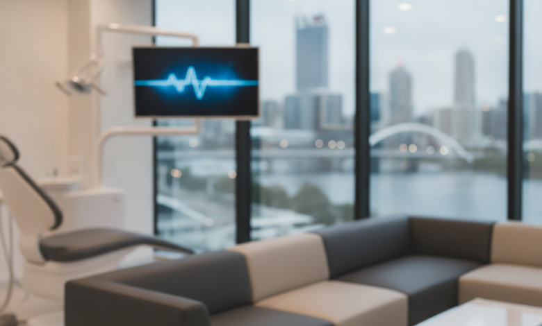 A sophisticated, clean dental clinic interior with minimalist design, featuring a blurred background view of the Perth city skyline through a large window. The scene suggests high-quality dental implant services.