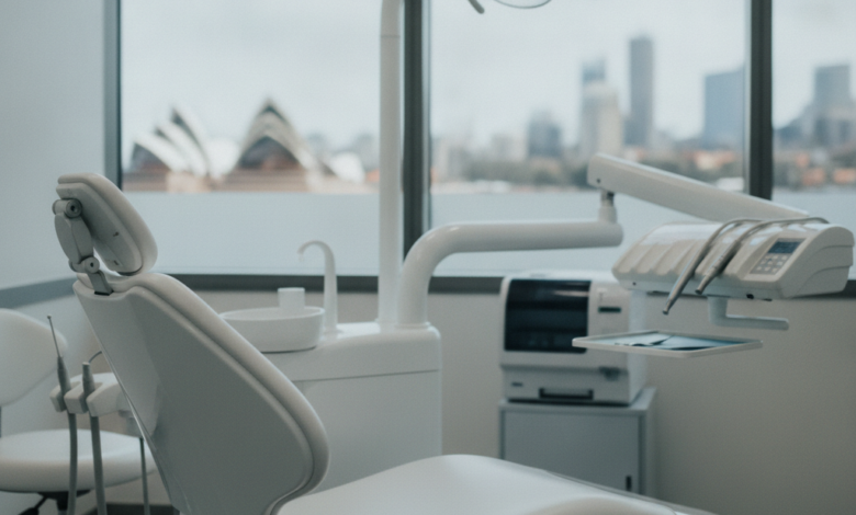 A clean, bright dental examination room in Sydney. An empty, ergonomic dental chair is in the foreground. Modern, sterile dental tools and equipment are blurred in the background. Through a window, a soft, out-of-focus view of the Sydney skyline is visible. The scene conveys professionalism and advanced dental care.