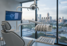 A clean, modern dental examination room with a high-tech dental chair and surgical light in the foreground, slightly blurred. Through a large window, the soft-focused, panoramic skyline of Adelaide city is visible in the background.