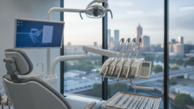 A clean, modern dental examination room with a high-tech dental chair and surgical light in the foreground, slightly blurred. Through a large window, the soft-focused, panoramic skyline of Adelaide city is visible in the background.