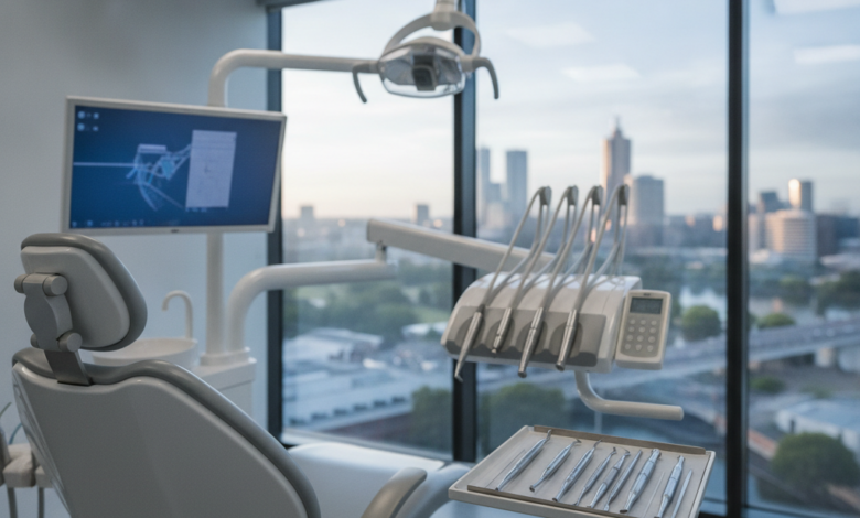 A clean, modern dental examination room with a high-tech dental chair and surgical light in the foreground, slightly blurred. Through a large window, the soft-focused, panoramic skyline of Adelaide city is visible in the background.