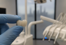 A close-up, photorealistic image of a pristine, white ceramic dental crown being gently held by a gloved hand. The background is a blurred modern dental clinic interior, with a very faint, indistinguishable city skyline visible through a window, suggesting Brisbane.