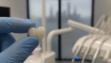 A close-up, photorealistic image of a pristine, white ceramic dental crown being gently held by a gloved hand. The background is a blurred modern dental clinic interior, with a very faint, indistinguishable city skyline visible through a window, suggesting Brisbane.