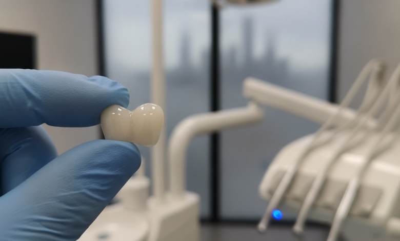 A close-up, photorealistic image of a pristine, white ceramic dental crown being gently held by a gloved hand. The background is a blurred modern dental clinic interior, with a very faint, indistinguishable city skyline visible through a window, suggesting Brisbane.