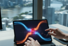 A close-up, photorealistic image of professional hands resting on a sleek digital tablet. The tablet's screen displays an abstract, glowing visualization of two distinct conceptual data streams clashing or diverging at a central point, symbolizing a critical business conflict or misalignment. The background is a softly blurred, sunlit modern cityscape of Brisbane, Australia, with no visible text.