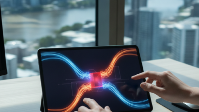A close-up, photorealistic image of professional hands resting on a sleek digital tablet. The tablet's screen displays an abstract, glowing visualization of two distinct conceptual data streams clashing or diverging at a central point, symbolizing a critical business conflict or misalignment. The background is a softly blurred, sunlit modern cityscape of Brisbane, Australia, with no visible text.