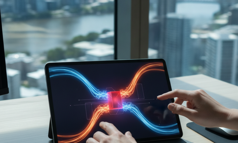 A close-up, photorealistic image of professional hands resting on a sleek digital tablet. The tablet's screen displays an abstract, glowing visualization of two distinct conceptual data streams clashing or diverging at a central point, symbolizing a critical business conflict or misalignment. The background is a softly blurred, sunlit modern cityscape of Brisbane, Australia, with no visible text.
