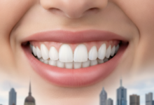 A close-up, photorealistic image of a bright, healthy, and dazzling white smile, with a softly blurred background showing elements of the Melbourne city skyline.