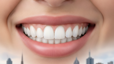 A close-up, photorealistic image of a bright, healthy, and dazzling white smile, with a softly blurred background showing elements of the Melbourne city skyline.