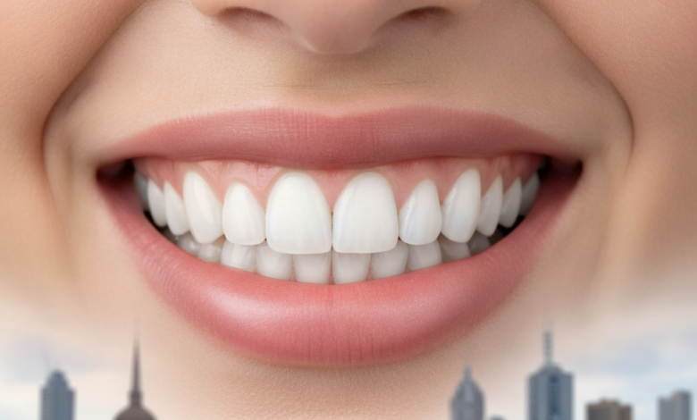 A close-up, photorealistic image of a bright, healthy, and dazzling white smile, with a softly blurred background showing elements of the Melbourne city skyline.