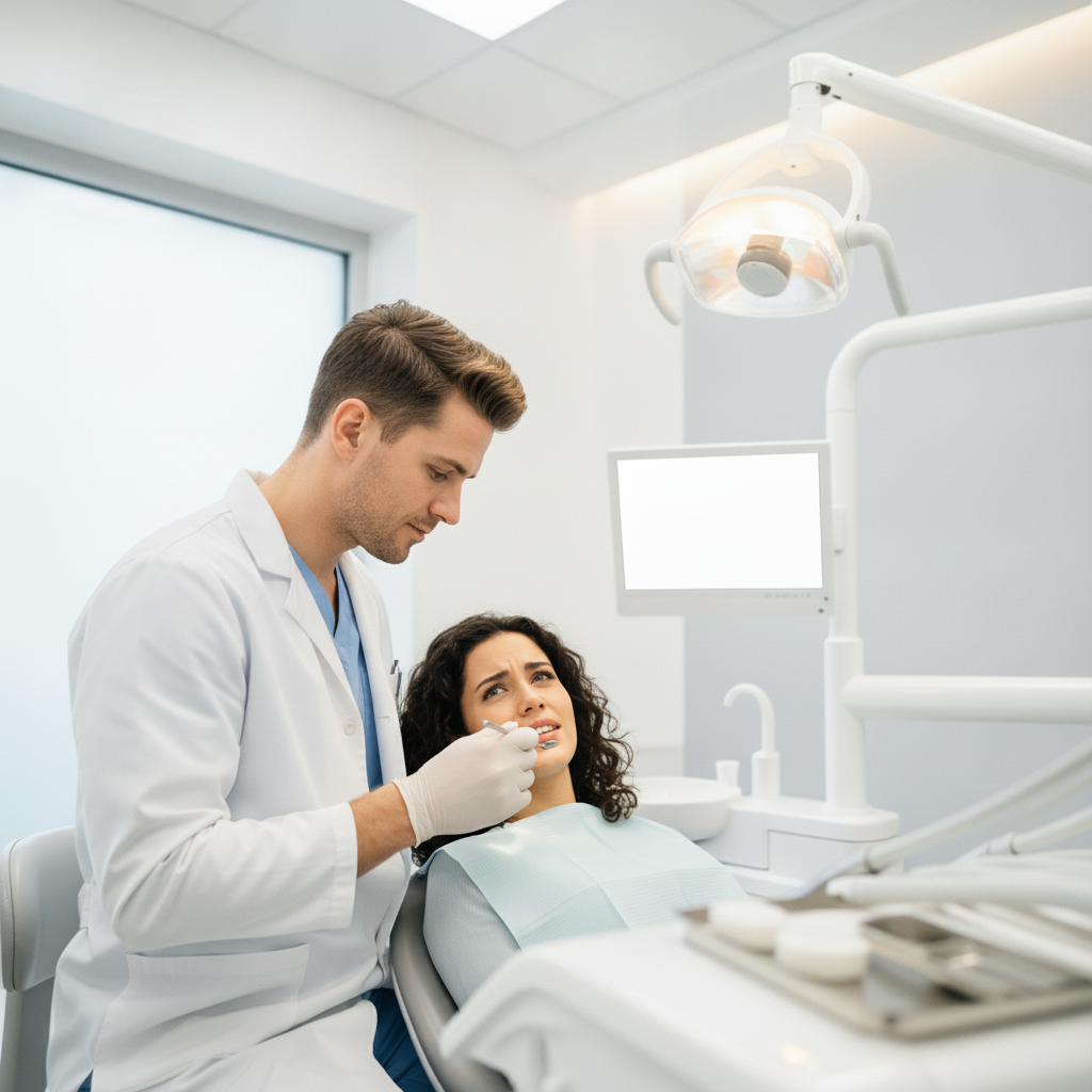 Emergency Dentist Cost Sydney is influenced by immediate care. A dentist assesses a patient during an urgent visit.