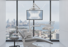 A clean, modern dental clinic interior with high-tech equipment, bright lighting, and a blurred view of an Australian city skyline through a large window, representing advanced cosmetic dentistry.