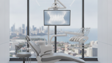 A clean, modern dental clinic interior with high-tech equipment, bright lighting, and a blurred view of an Australian city skyline through a large window, representing advanced cosmetic dentistry.