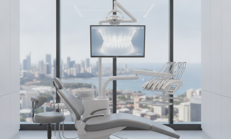 A clean, modern dental clinic interior with high-tech equipment, bright lighting, and a blurred view of an Australian city skyline through a large window, representing advanced cosmetic dentistry.