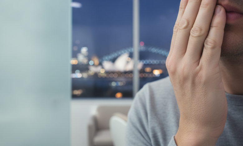 Close-up, photorealistic image of a person holding their jaw in discomfort, hinting at a dental emergency. The background is a blurred, iconic night view of the Sydney skyline, including the Opera House and Harbour Bridge. The scene uses soft, cool lighting and shallow depth of field.