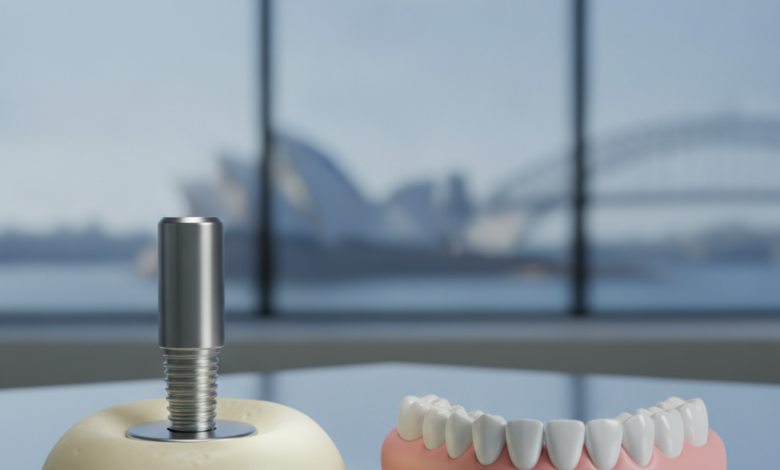 Conceptual visual comparing a metallic dental implant next to a gum-colored acrylic denture, both displayed on a sterile surface in a modern dental clinic. A very blurred iconic Australian landmark is visible in the background through a window. The image is clean, professional, and focuses on the two distinct dental solutions.