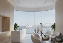 A photorealistic image of a bright, modern dental clinic in Australia, featuring a blurred dentist interacting with a blurred family in the foreground. A subtly blurred Australian city skyline is visible through a large panoramic window in the background.