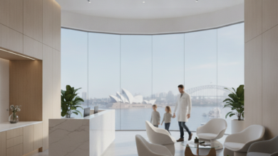 A photorealistic image of a bright, modern dental clinic in Australia, featuring a blurred dentist interacting with a blurred family in the foreground. A subtly blurred Australian city skyline is visible through a large panoramic window in the background.