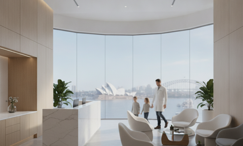 A photorealistic image of a bright, modern dental clinic in Australia, featuring a blurred dentist interacting with a blurred family in the foreground. A subtly blurred Australian city skyline is visible through a large panoramic window in the background.